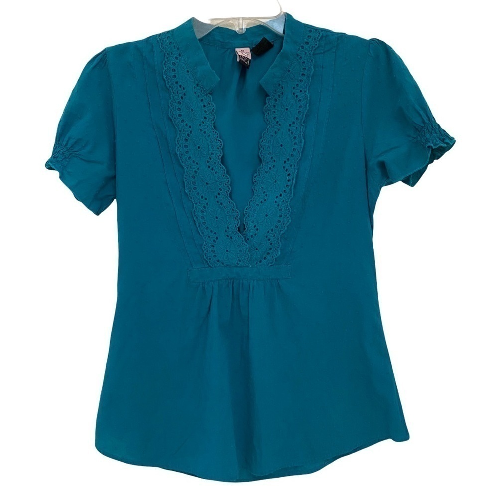 Love on a Hanger Teal Blue Swiss Dot Mock Neck Crochet Front Panel Blouse Sz Lg